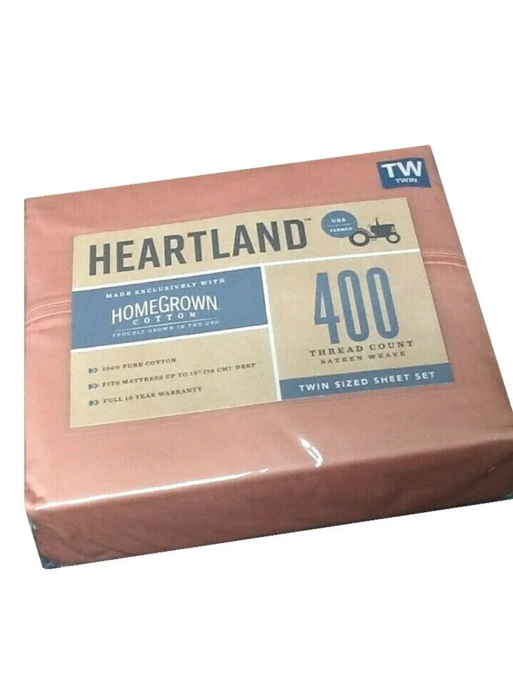 new 3-piece PEACH Heartland 400 TC 100% Cotton Sateen-Weave TWIN Sheet Set
